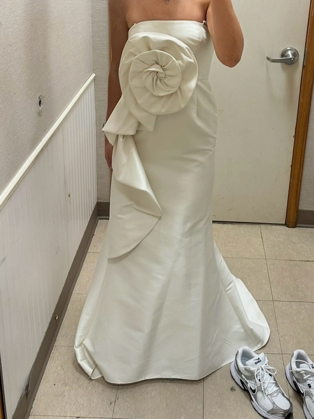 Marchesa Strapless Ivory Satin Gown with Sculpted Rosette